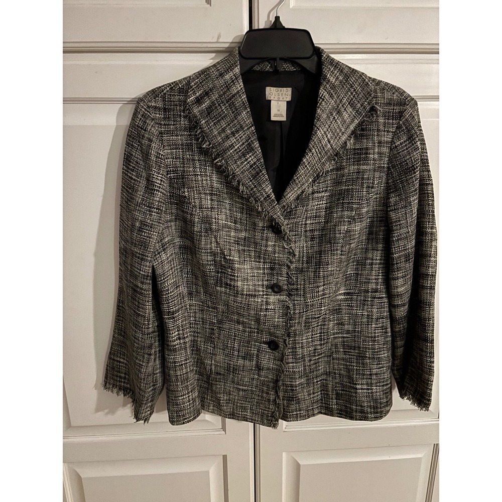 Sigrid Olsen Sport Tweed Silk Blazer Jacket‎ Frayed Edges Textured Gray Black 10